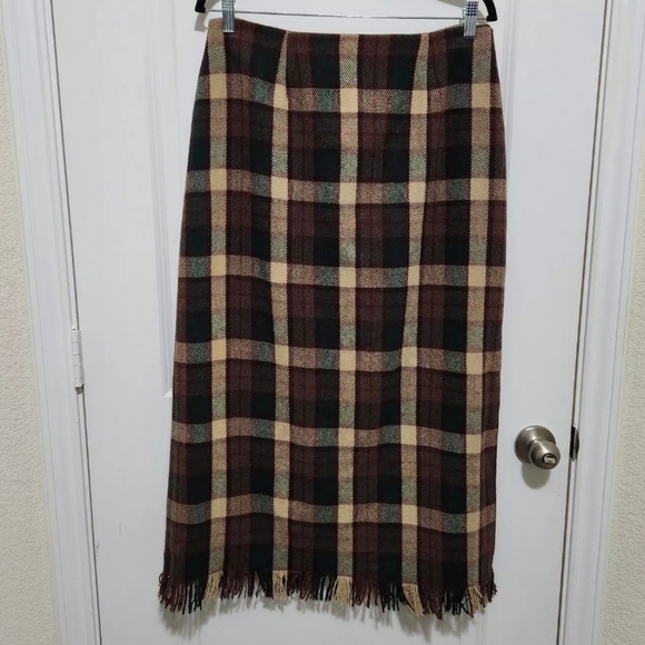 Vtg J. London Women's 14 Plaid Maxi Pencil Wool Blend Skirt Fringe Academia Boho - Picture 1 of 8